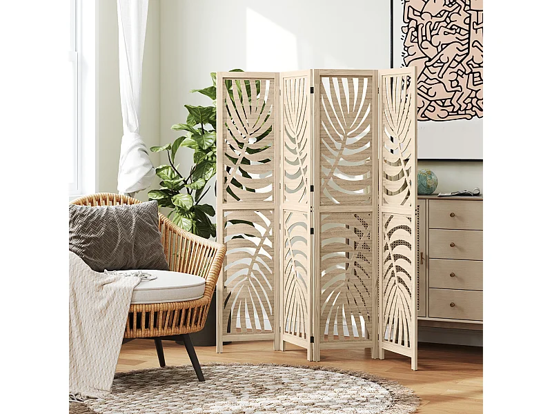 Paravent interieur 4 panneaux style exotique - séparateur pliable ajustable 2 parties - bois ajouré feuilles