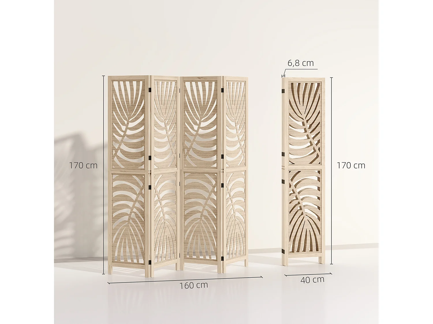 Paravent interieur 4 panneaux style exotique - séparateur pliable ajustable 2 parties - bois ajouré feuilles