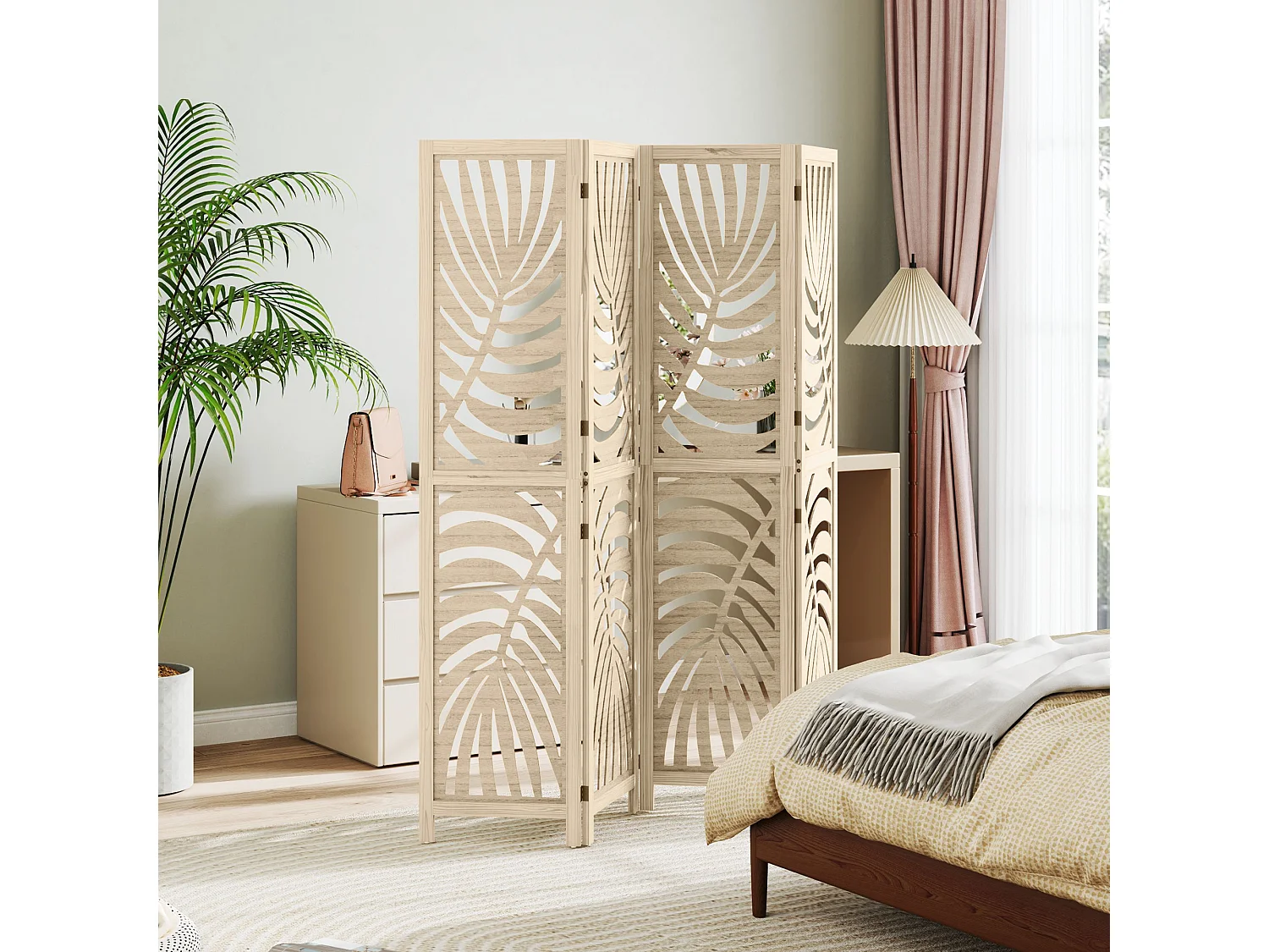 Paravent interieur 4 panneaux style exotique - séparateur pliable ajustable 2 parties - bois ajouré feuilles