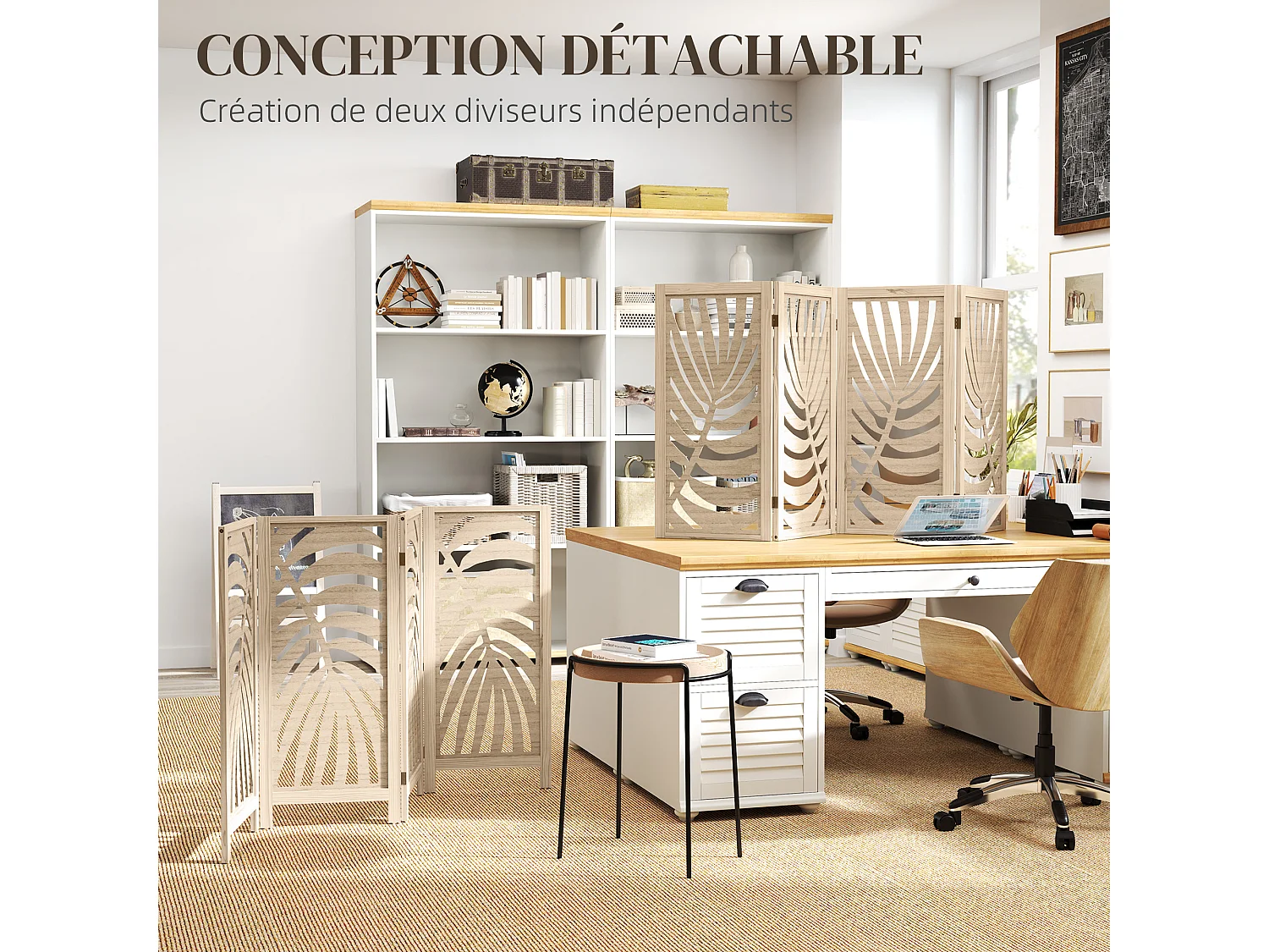 Paravent interieur 4 panneaux style exotique - séparateur pliable ajustable 2 parties - bois ajouré feuilles