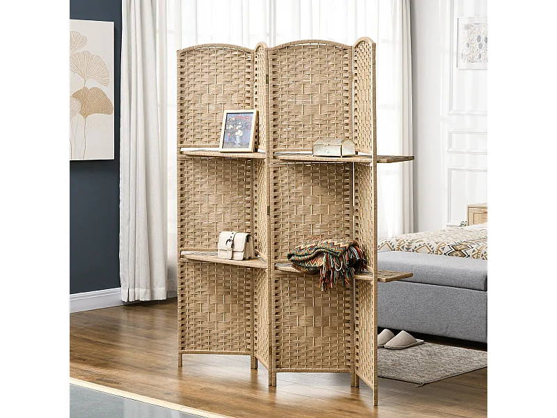 Paravent séparateur de pièce 4 panneaux pliables dim. 160L x 170H cm - 2 étagères - bois fibre papier naturel