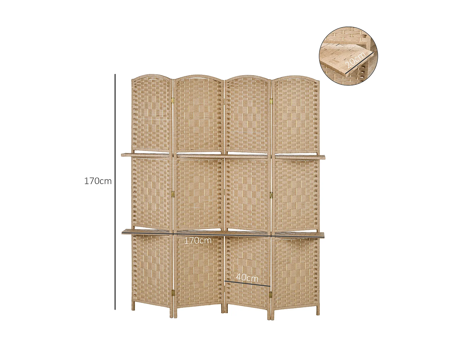 Paravent séparateur de pièce 4 panneaux pliables dim. 160L x 170H cm - 2 étagères - bois fibre papier naturel