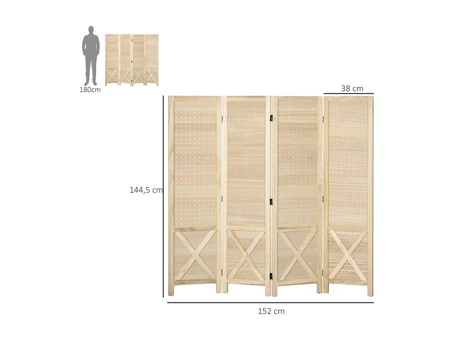 Paravent intérieur en bois 4 panneaux 152 x 144,5 cm pliable bois naturel
