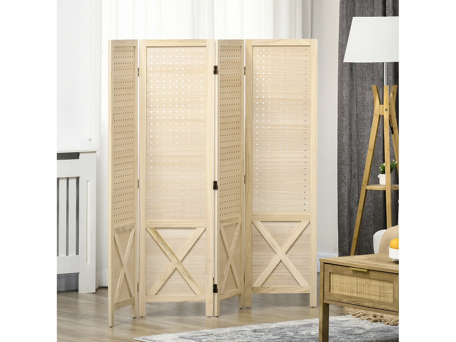 Paravent intérieur en bois 4 panneaux 152 x 144,5 cm pliable bois naturel