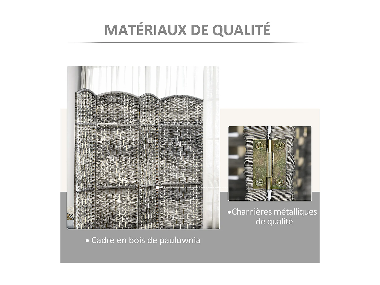 Paravent intérieur 6 panneaux pliables en bois séparateur de pièce style bohème tissé gris