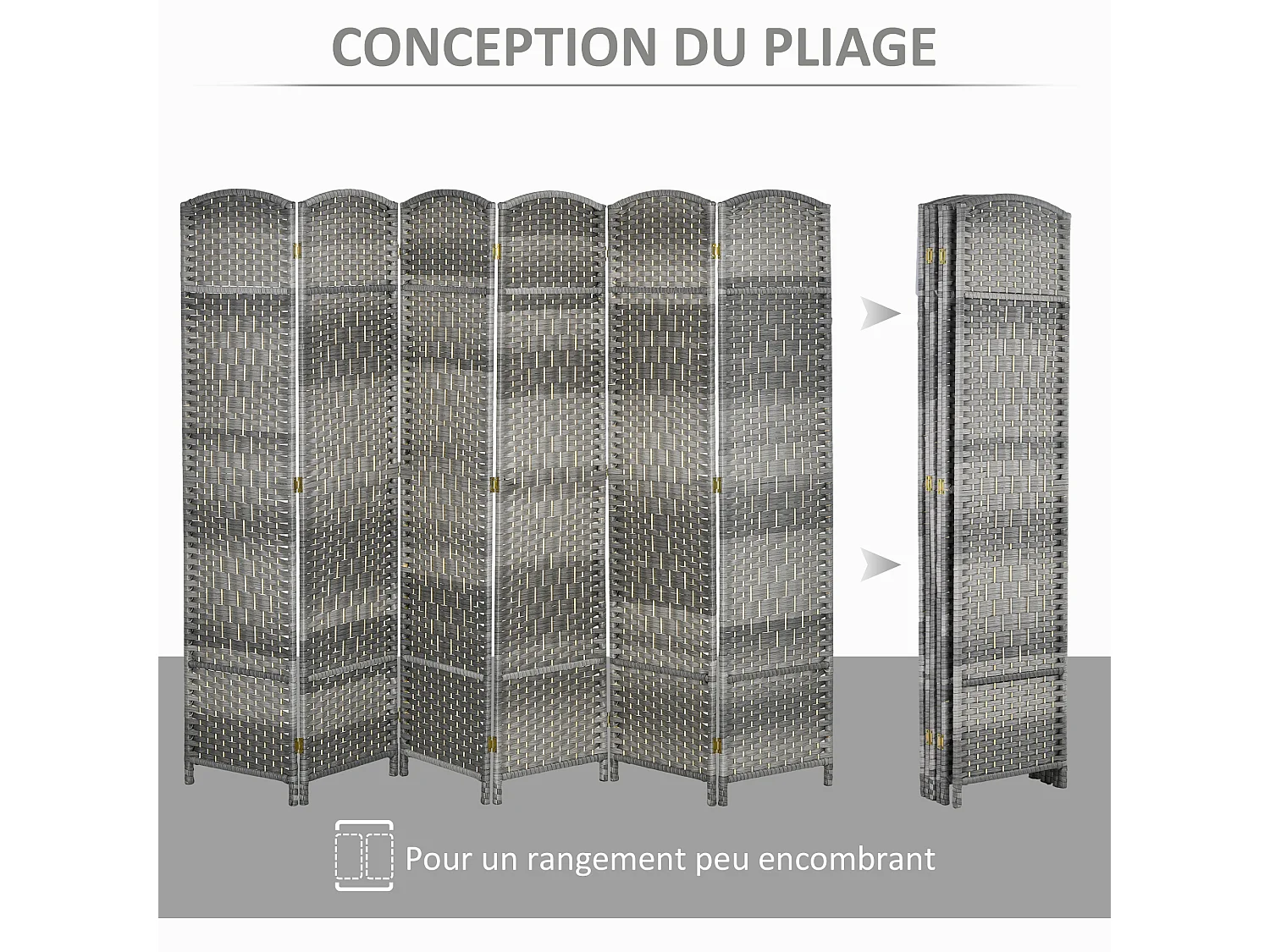 Paravent intérieur 6 panneaux pliables en bois séparateur de pièce style bohème tissé gris