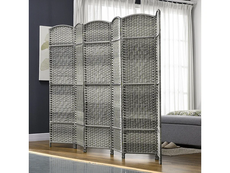 Paravent intérieur 6 panneaux pliables en bois séparateur de pièce style bohème tissé gris