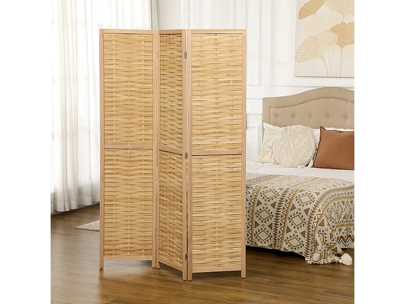 Paravent intérieur séparateur de pièce pliable 3 panneaux dim. 120L x 170H cm bois bambou