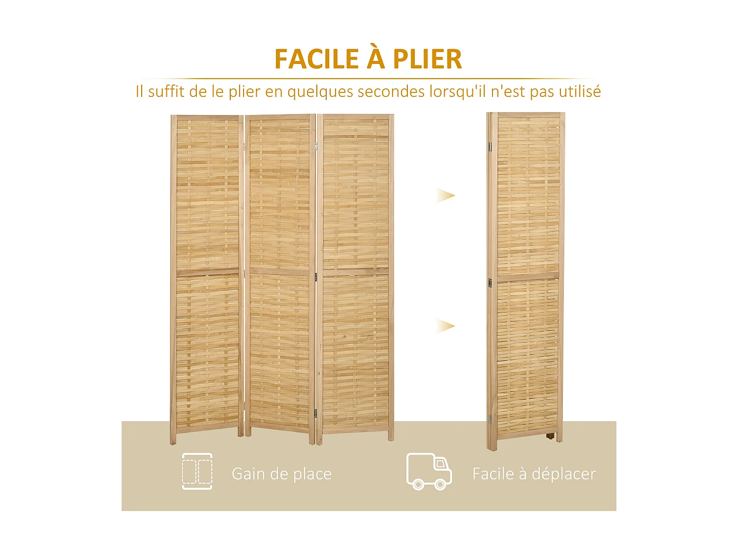 Paravent intérieur séparateur de pièce pliable 3 panneaux dim. 120L x 170H cm bois bambou