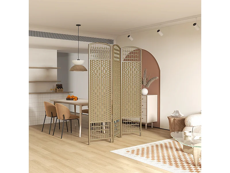 Paravent intérieur 3 panneaux pliables séparateur de pièce bois de peuplier bambou fibres de papier tressée coloris naturel