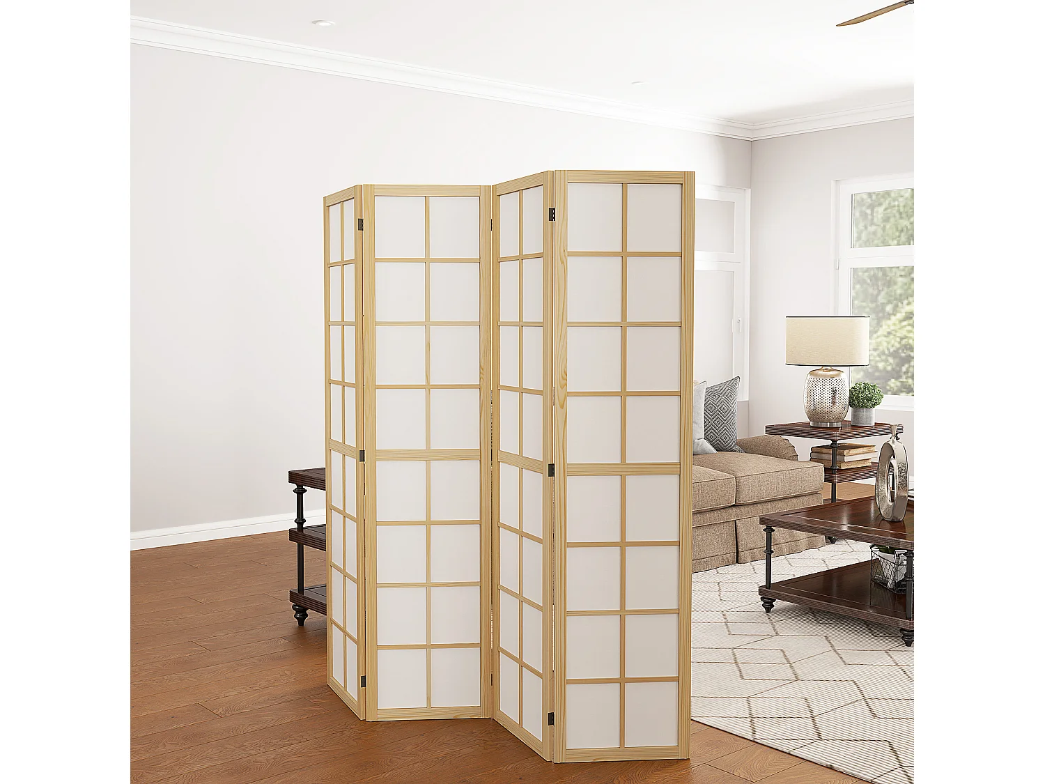 Paravent intérieur pliable 4 panneaux 160 x 170 cm séparateur de pièce bois pin non tissé blanc