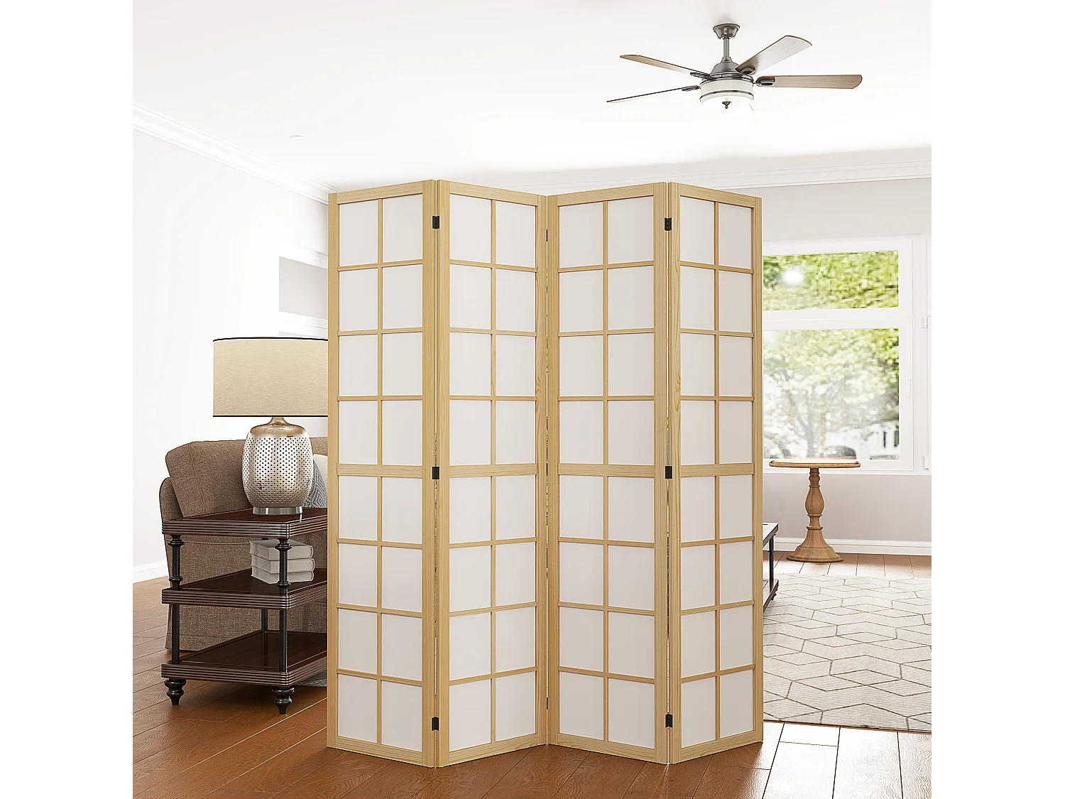 Paravent intérieur pliable 4 panneaux 160 x 170 cm séparateur de pièce bois pin non tissé blanc