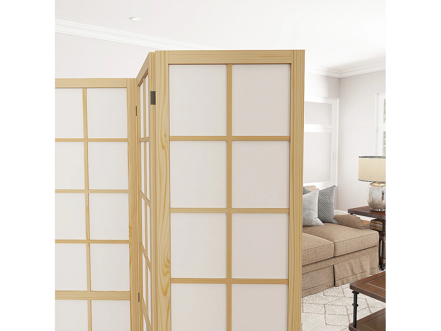 Paravent intérieur pliable 4 panneaux 160 x 170 cm séparateur de pièce bois pin non tissé blanc