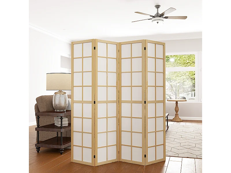 Paravent intérieur pliable 4 panneaux 160 x 170 cm séparateur de pièce bois pin non tissé blanc