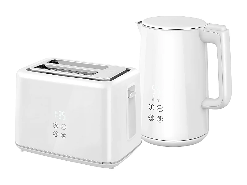 Ensemble bouilloire 1,5L et grille-pain 2200W 2 tranches 7 niveaux de brunissage plateau à miettes blanc gris