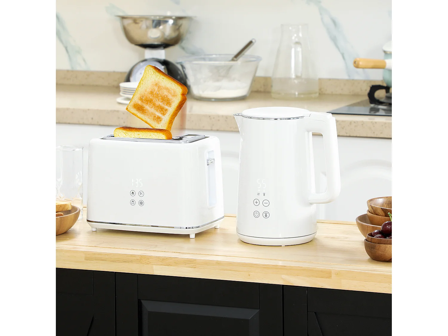 Ensemble bouilloire 1,5L et grille-pain 2200W 2 tranches 7 niveaux de brunissage plateau à miettes blanc gris