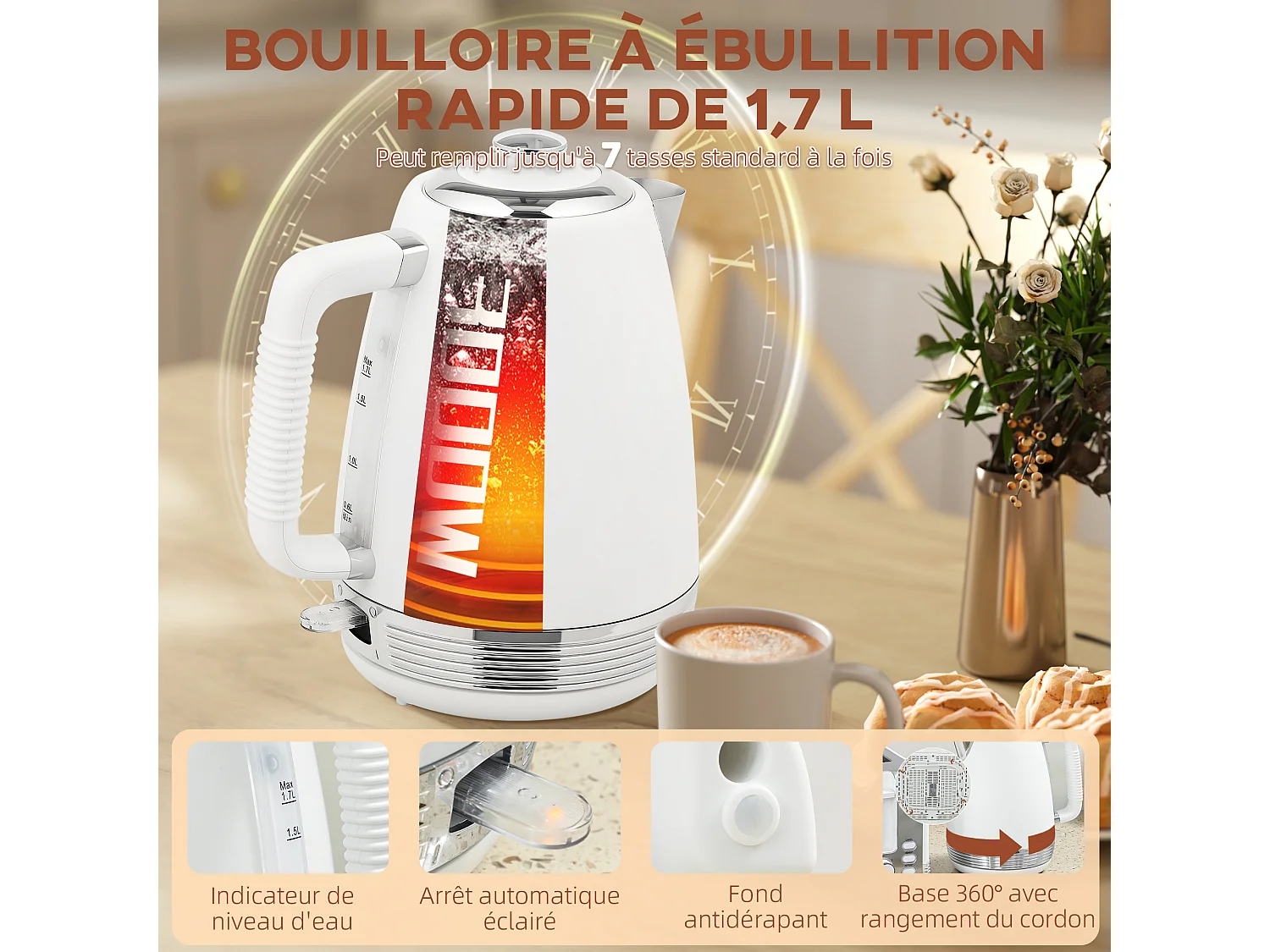 Ensemble bouilloire et grille-pain vintage - 1,7L 2200W - 4 tranches, brunissage 7 niv. - blanc acier inox