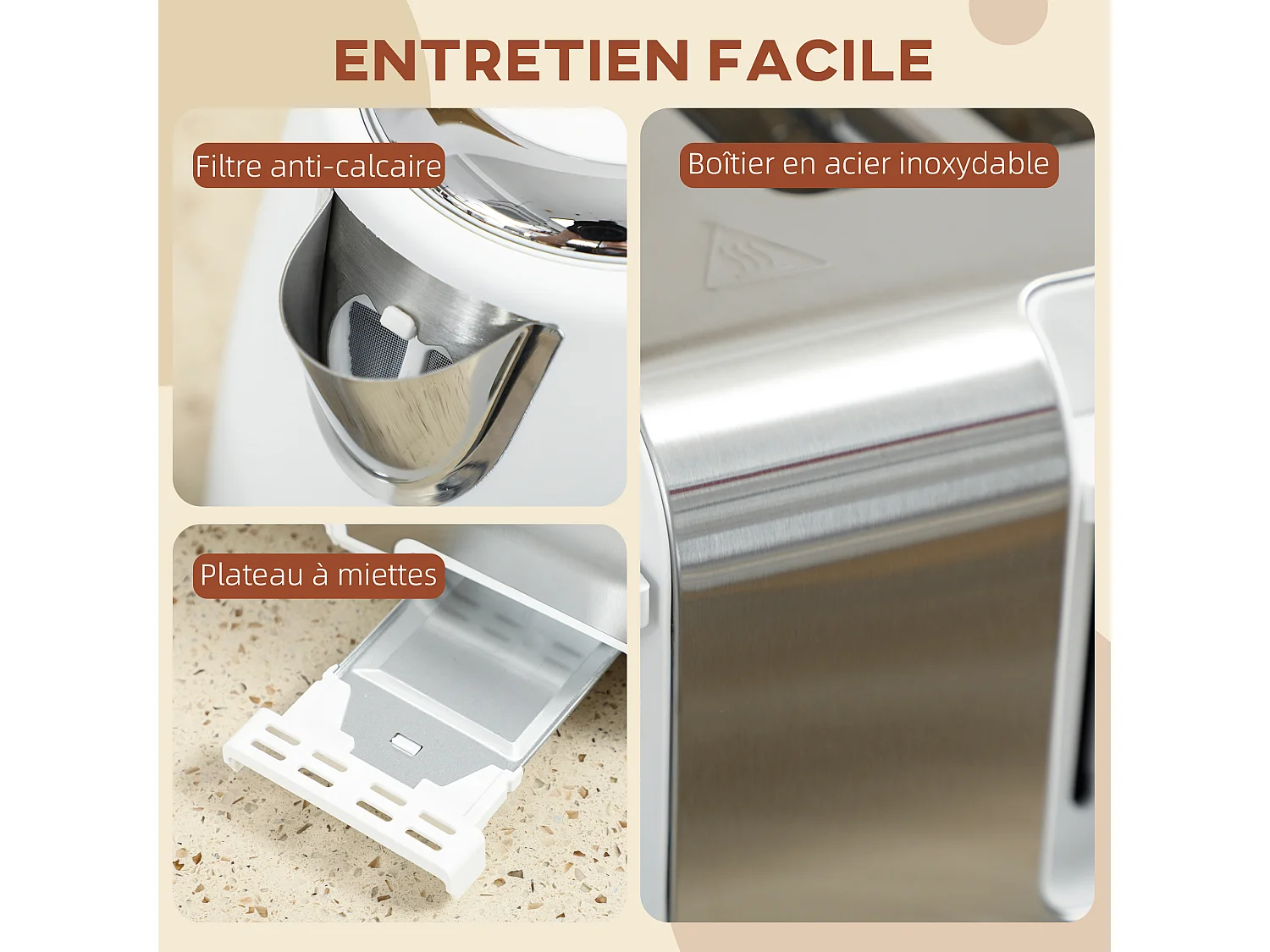 Ensemble bouilloire et grille-pain vintage - 1,7L 2200W - 4 tranches, brunissage 7 niv. - blanc acier inox