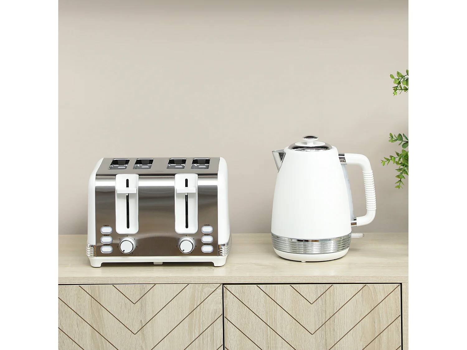 Ensemble bouilloire et grille-pain vintage - 1,7L 2200W - 4 tranches, brunissage 7 niv. - blanc acier inox