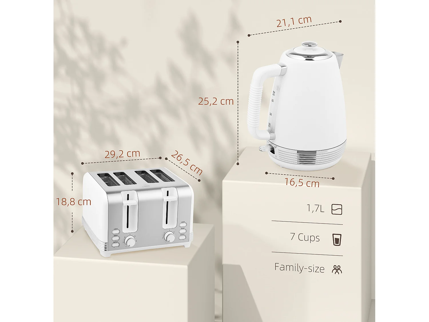 Ensemble bouilloire et grille-pain vintage - 1,7L 2200W - 4 tranches, brunissage 7 niv. - blanc acier inox