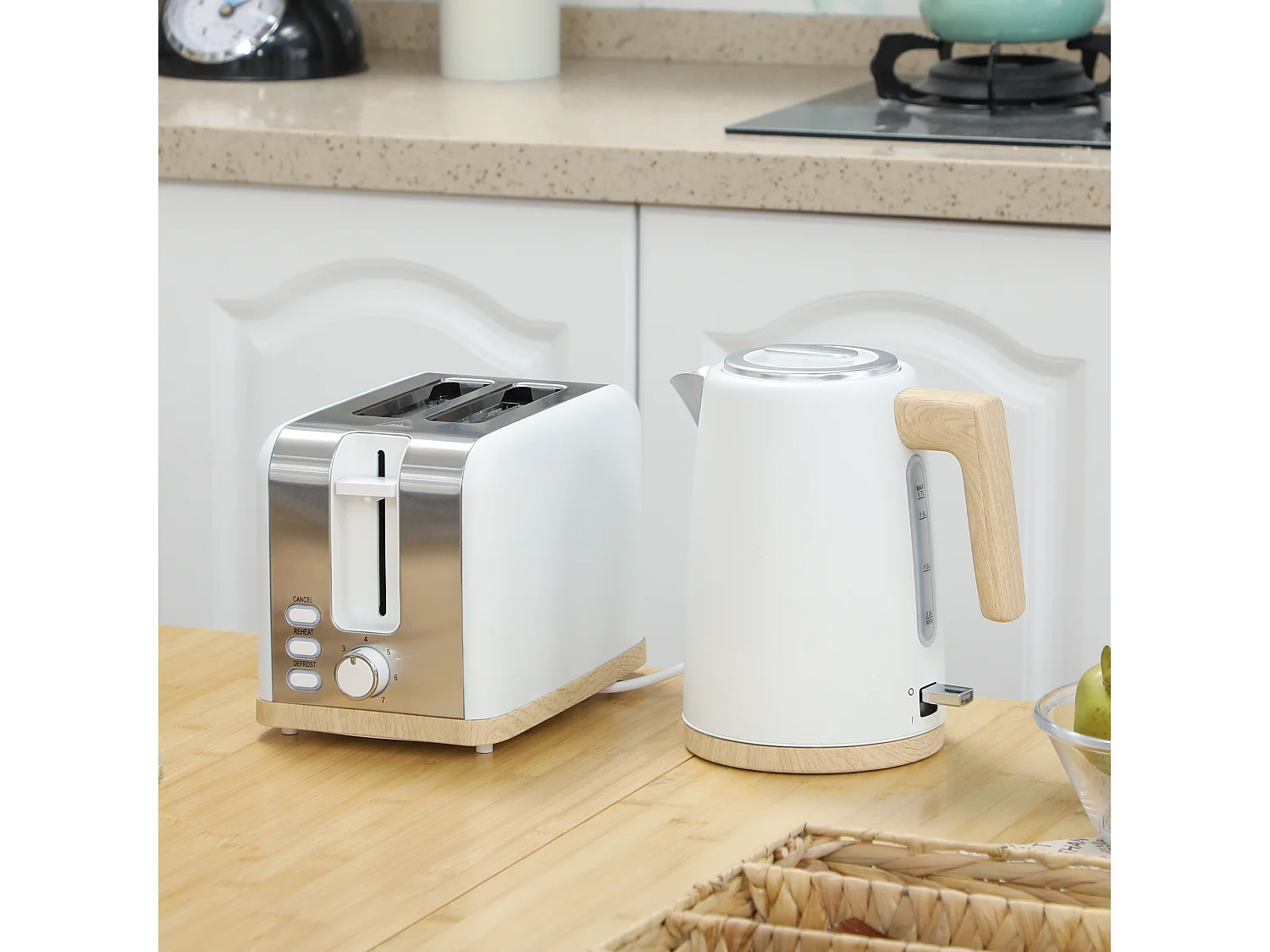 Ensemble bouilloire grille-pain vintage - grille-pain 2200W, bouilloire 1,7L - blanc gris effet bois