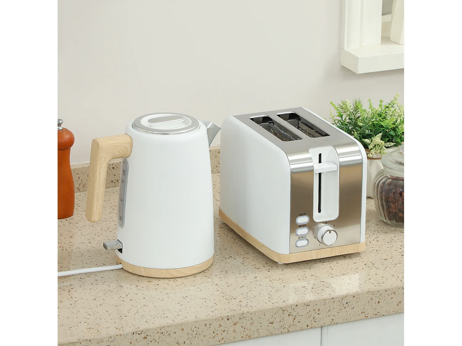 Ensemble bouilloire grille-pain vintage - grille-pain 2200W, bouilloire 1,7L - blanc gris effet bois