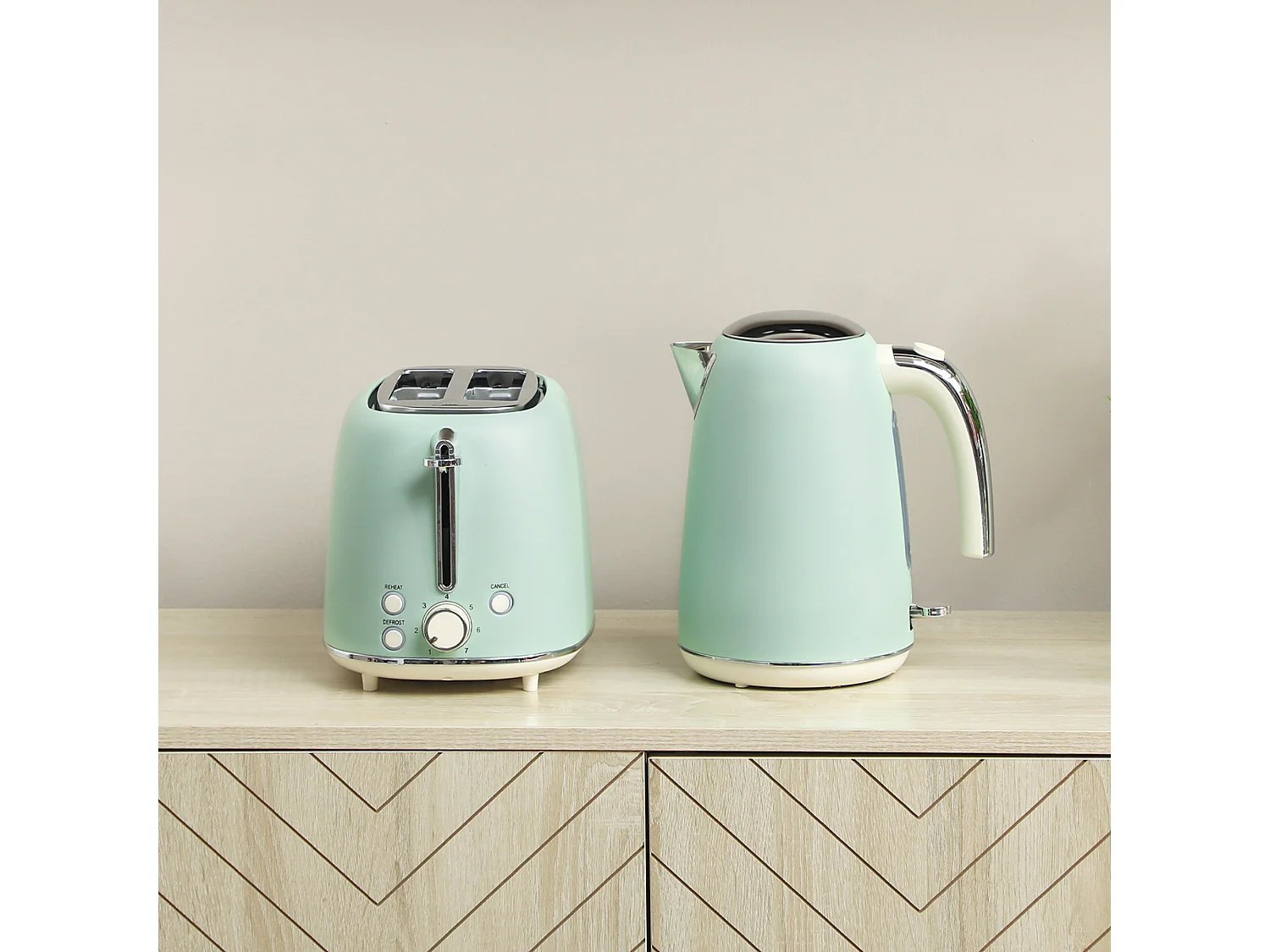 Ensemble bouilloire et grille-pain vintage - 1,7L 2200W - 2 tranches, brunissage 7 niv. - vert d'eau