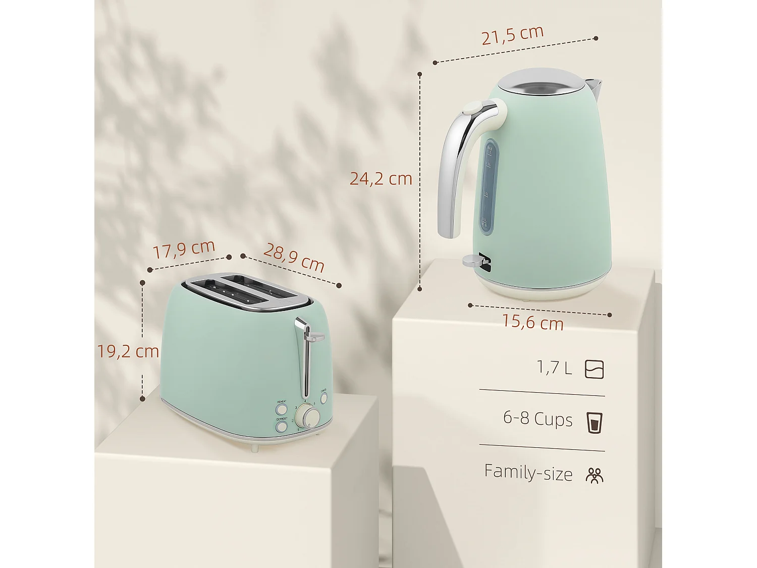 Ensemble bouilloire et grille-pain vintage - 1,7L 2200W - 2 tranches, brunissage 7 niv. - vert d'eau