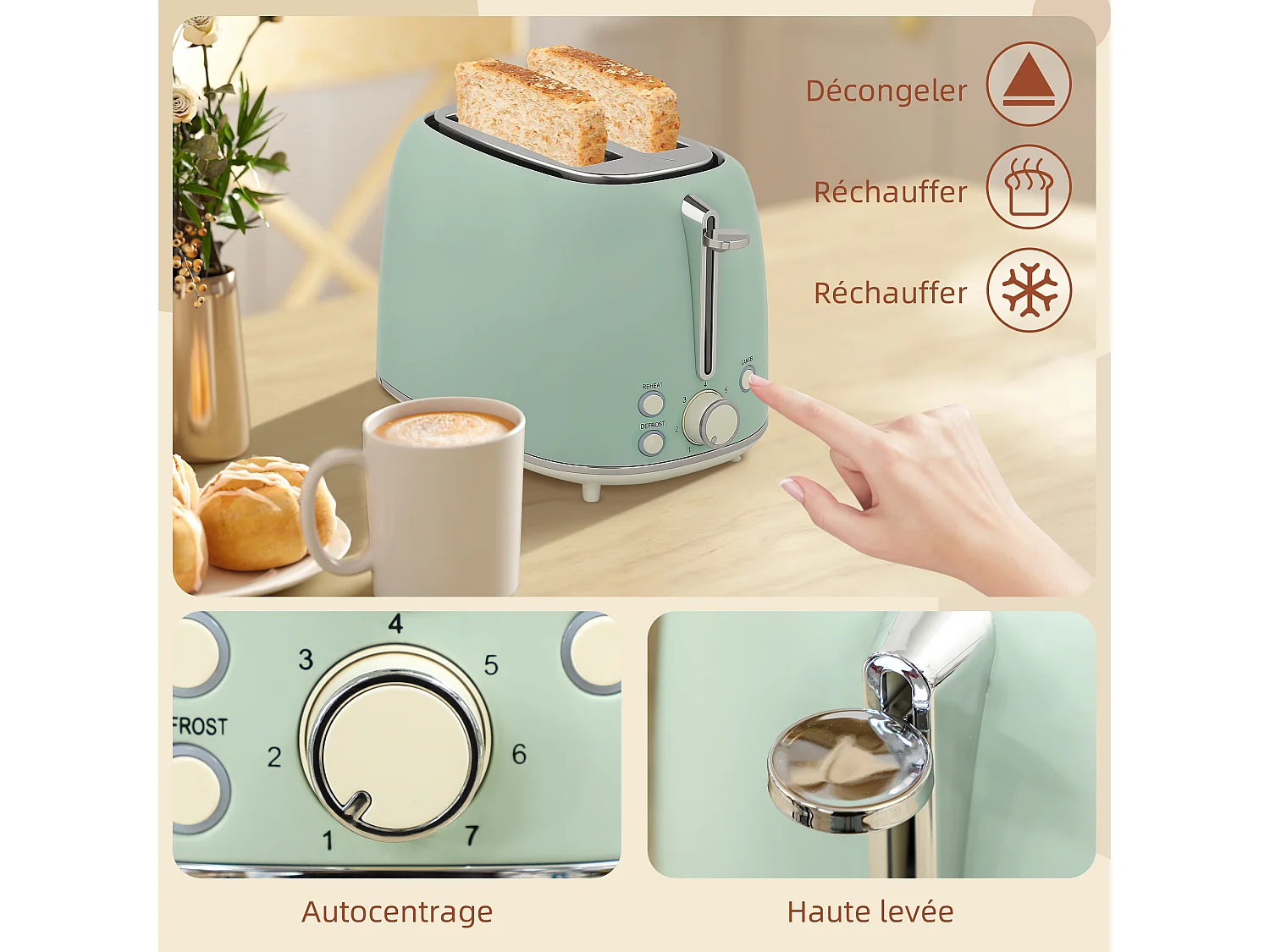 Ensemble bouilloire et grille-pain vintage - 1,7L 2200W - 2 tranches, brunissage 7 niv. - vert d'eau