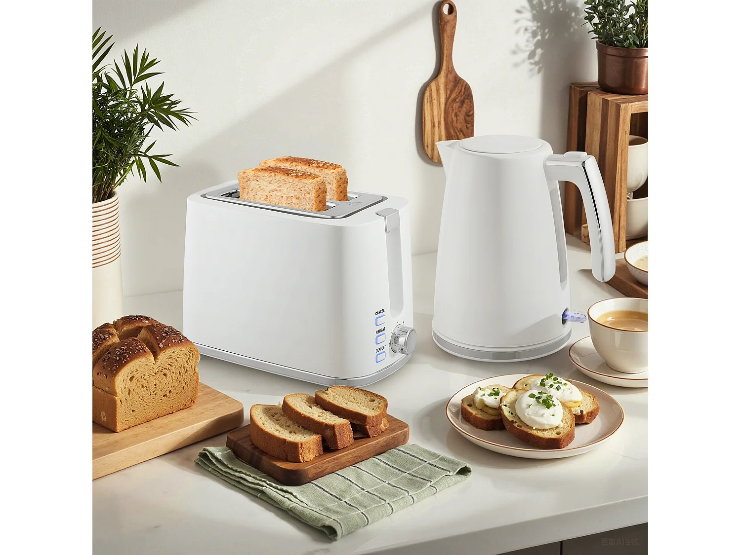 Ensemble bouilloire et grille-pain moderne - 1,7L 2200W - 2 tranches, brunissage 7 niv. - chromé blanc