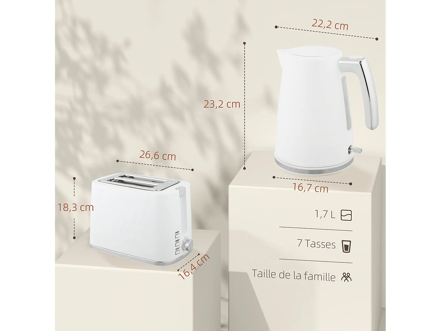 Ensemble bouilloire et grille-pain moderne - 1,7L 2200W - 2 tranches, brunissage 7 niv. - chromé blanc