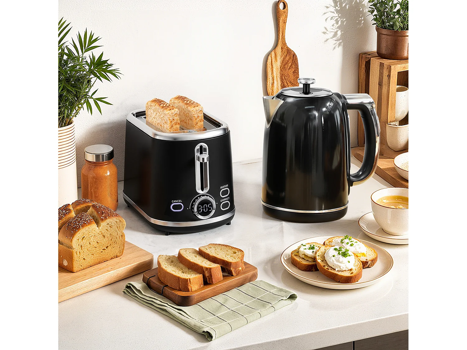 Ensemble bouilloire et grille-pain Vintage - 1,7L 2200W - 2 tranches, brunissage 6 niv. - gris métal noir