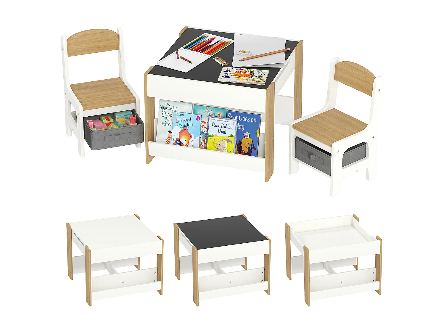 Ensemble 3 pièces table 2 chaises enfant - plateau table réversible tableau noir - rangement - étagères