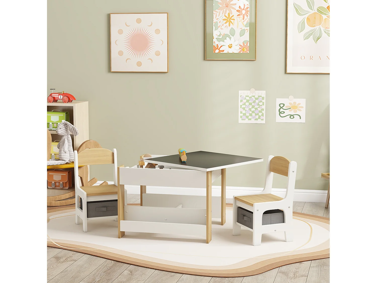 Ensemble 3 pièces table 2 chaises enfant - plateau table réversible tableau noir - rangement - étagères