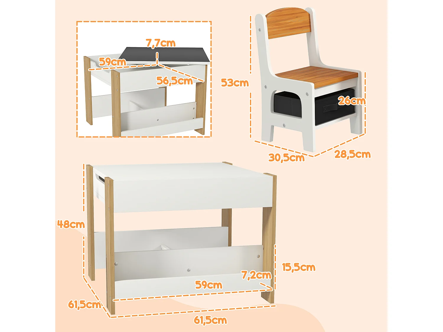 Ensemble 3 pièces table 2 chaises enfant - plateau table réversible tableau noir - rangement - étagères