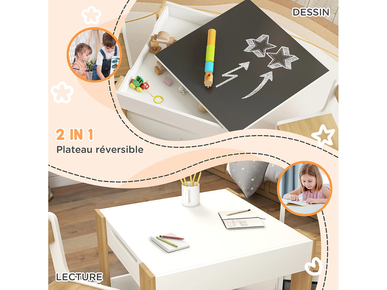Ensemble 3 pièces table 2 chaises enfant - plateau table réversible tableau noir - rangement - étagères