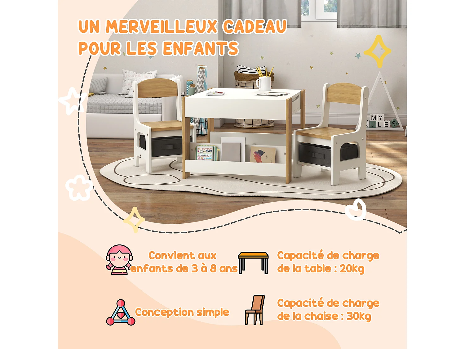 Ensemble 3 pièces table 2 chaises enfant - plateau table réversible tableau noir - rangement - étagères