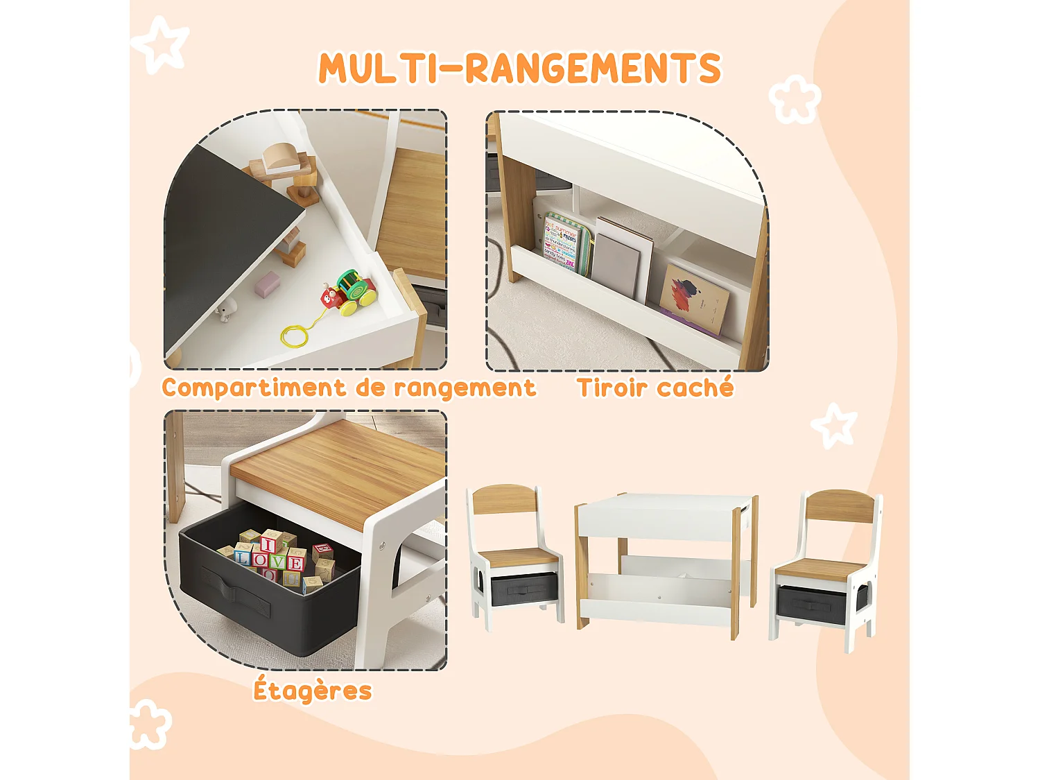Ensemble 3 pièces table 2 chaises enfant - plateau table réversible tableau noir - rangement - étagères