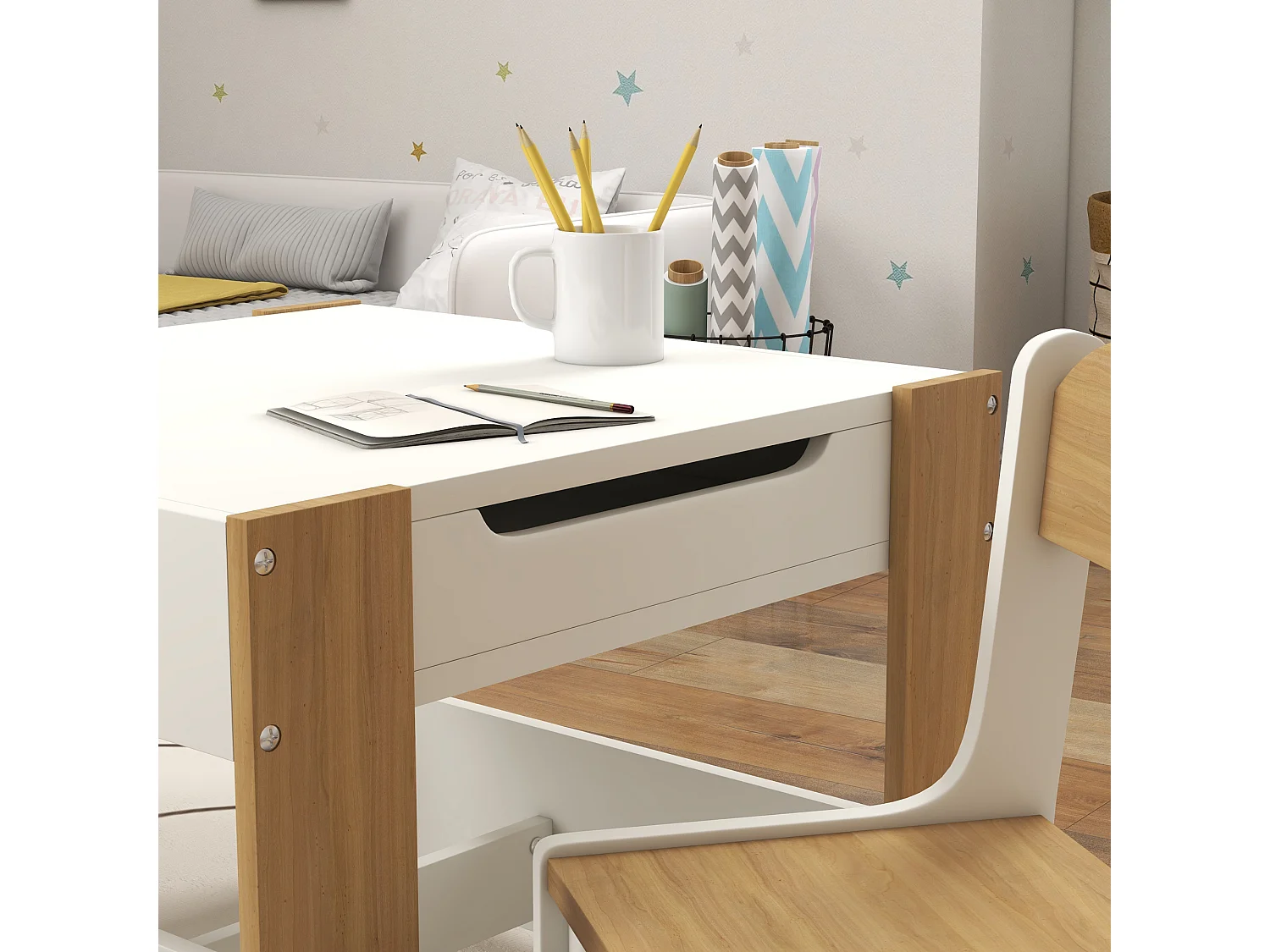 Ensemble 3 pièces table 2 chaises enfant - plateau table réversible tableau noir - rangement - étagères