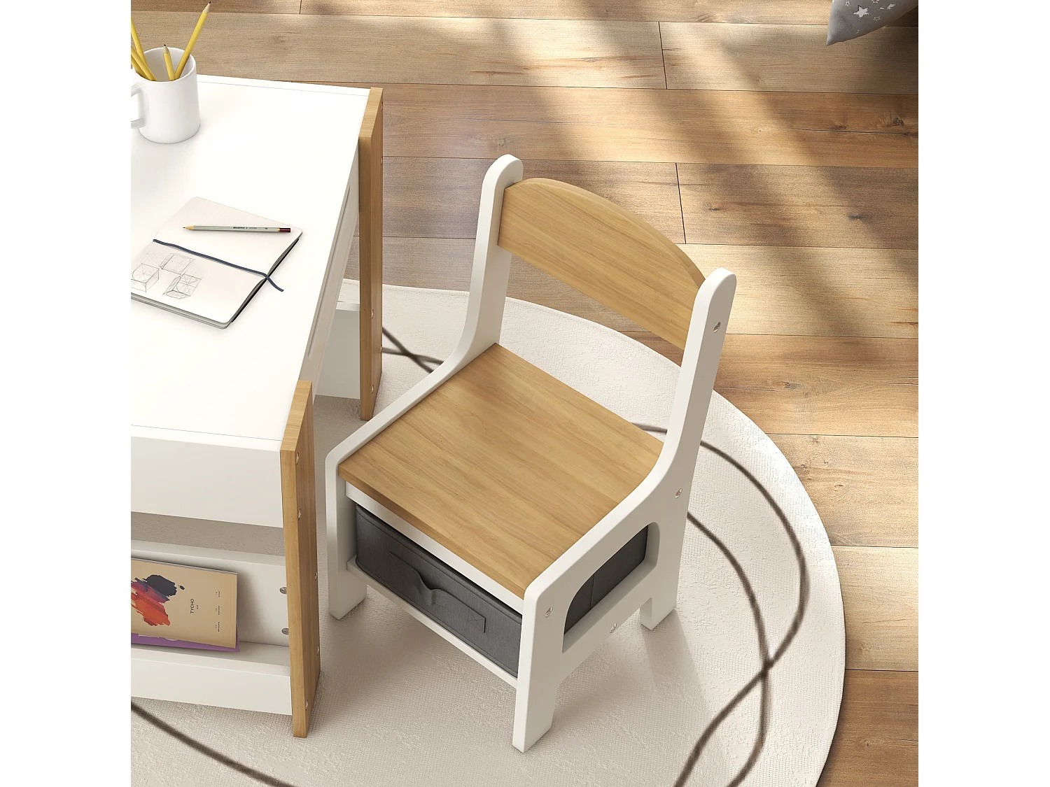 Ensemble 3 pièces table 2 chaises enfant - plateau table réversible tableau noir - rangement - étagères