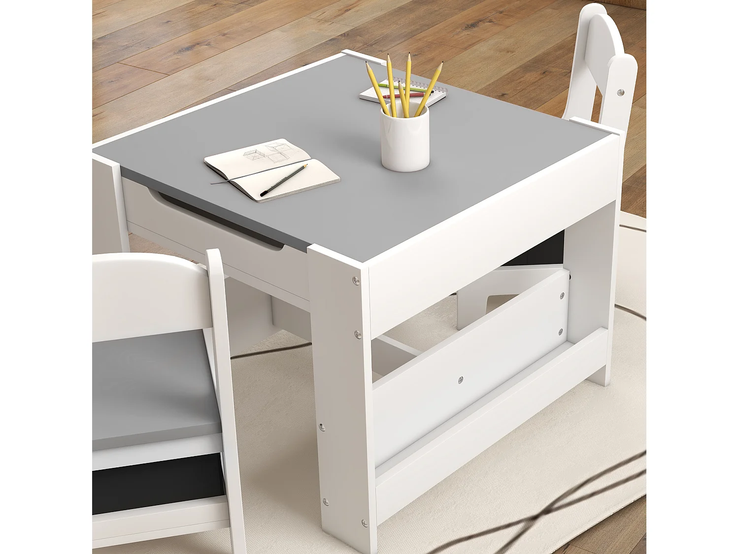 Ensemble table et chaises enfant - 3 pcs - plateau table réversible tableau noir - rangements - étagère - blanc gris