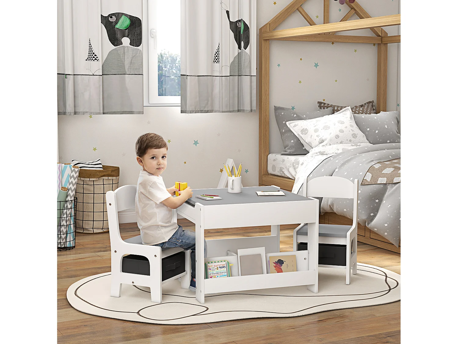 Ensemble table et chaises enfant - 3 pcs - plateau table réversible tableau noir - rangements - étagère - blanc gris