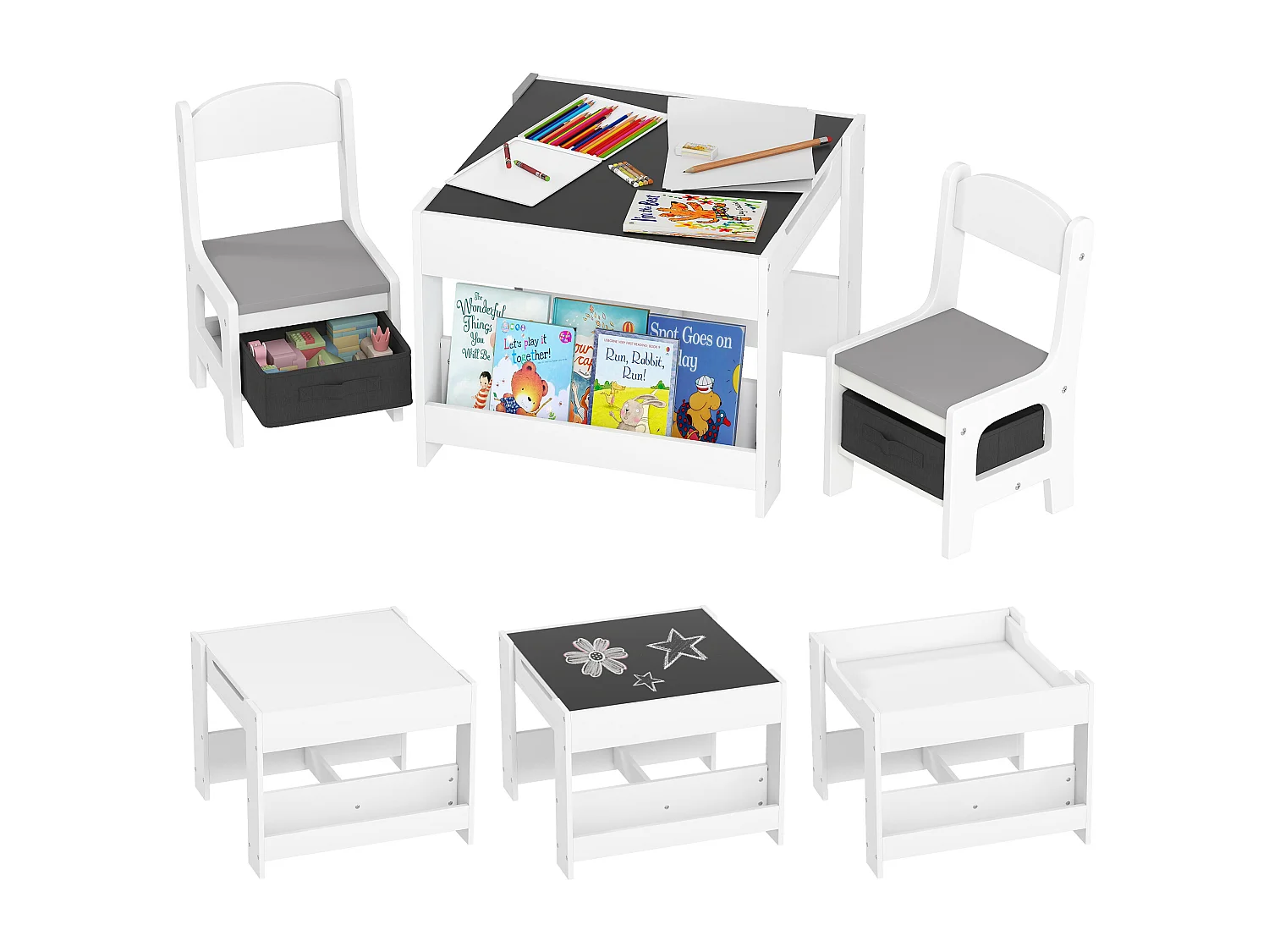 Ensemble table et chaises enfant - 3 pcs - plateau table réversible tableau noir - rangements - étagère - blanc gris