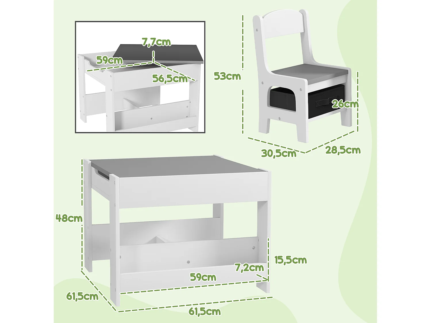 Ensemble table et chaises enfant - 3 pcs - plateau table réversible tableau noir - rangements - étagère - blanc gris