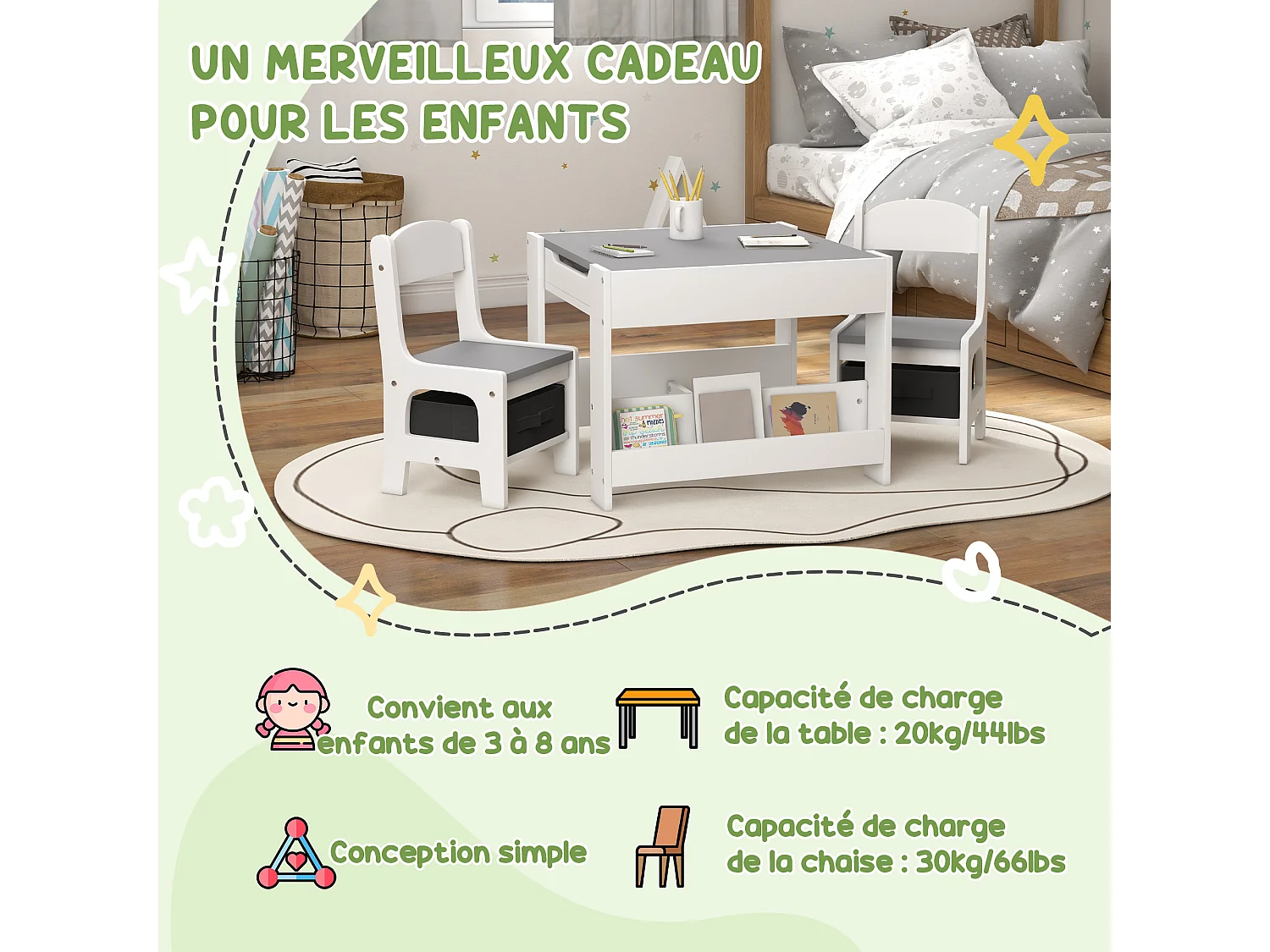 Ensemble table et chaises enfant - 3 pcs - plateau table réversible tableau noir - rangements - étagère - blanc gris