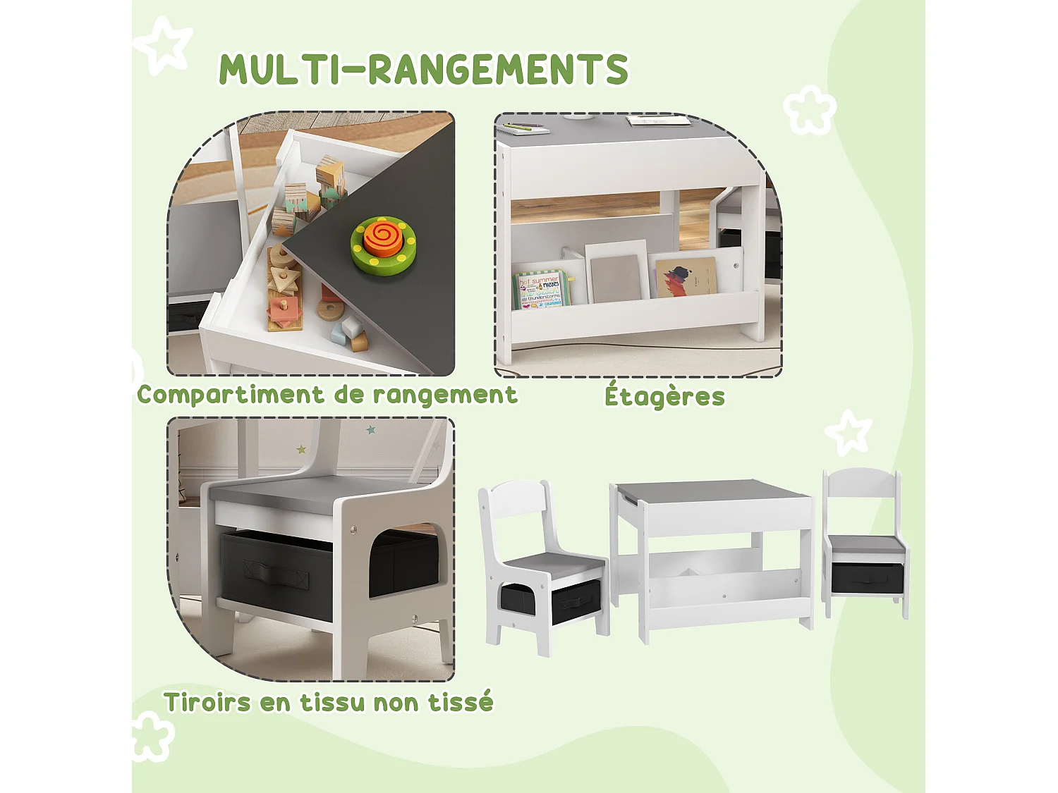 Ensemble table et chaises enfant - 3 pcs - plateau table réversible tableau noir - rangements - étagère - blanc gris
