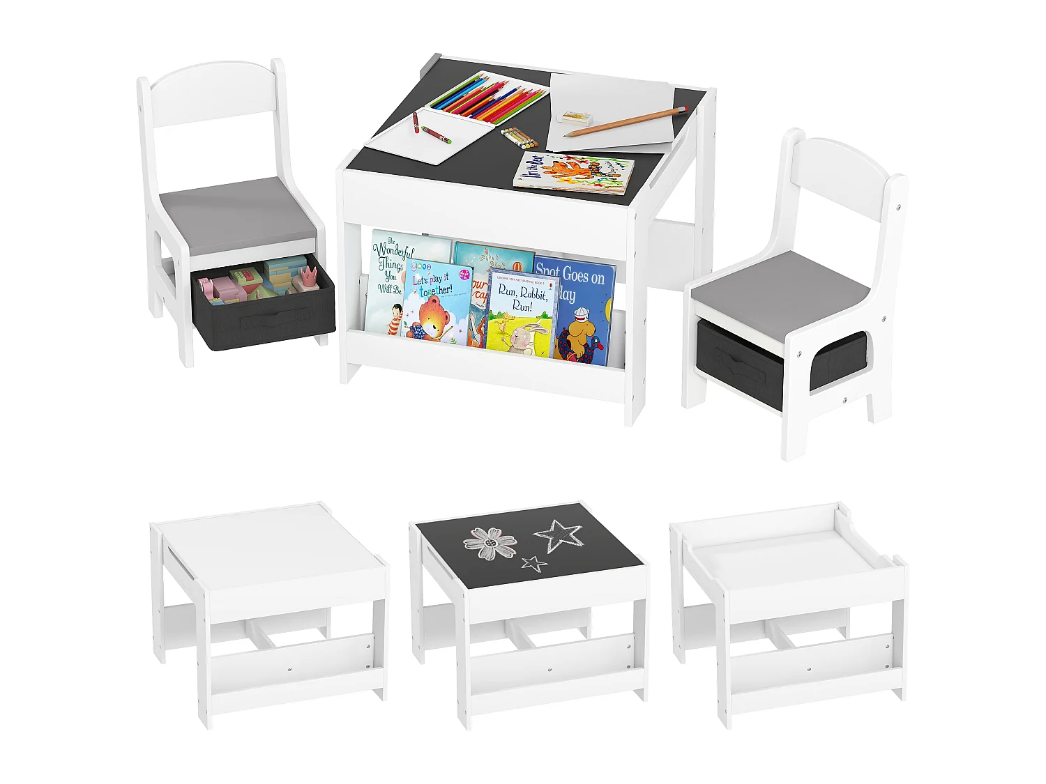 Ensemble table et chaises enfant - 3 pcs - plateau table réversible tableau noir - rangements - étagère - blanc gris