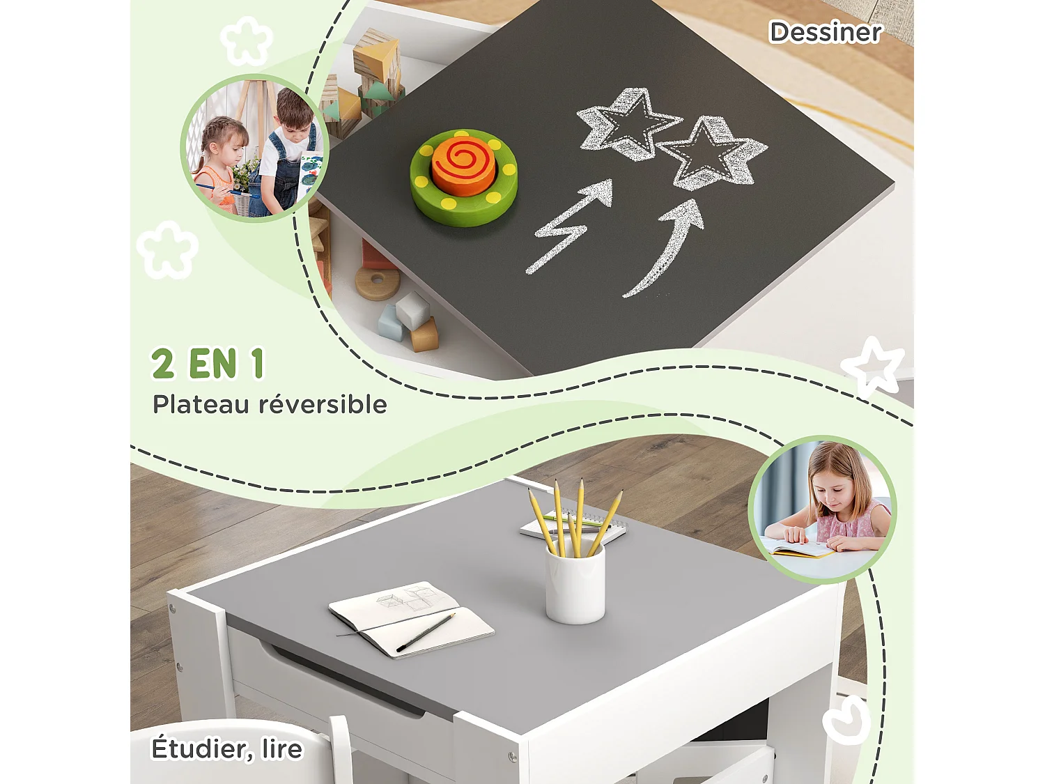 Ensemble table et chaises enfant - 3 pcs - plateau table réversible tableau noir - rangements - étagère - blanc gris