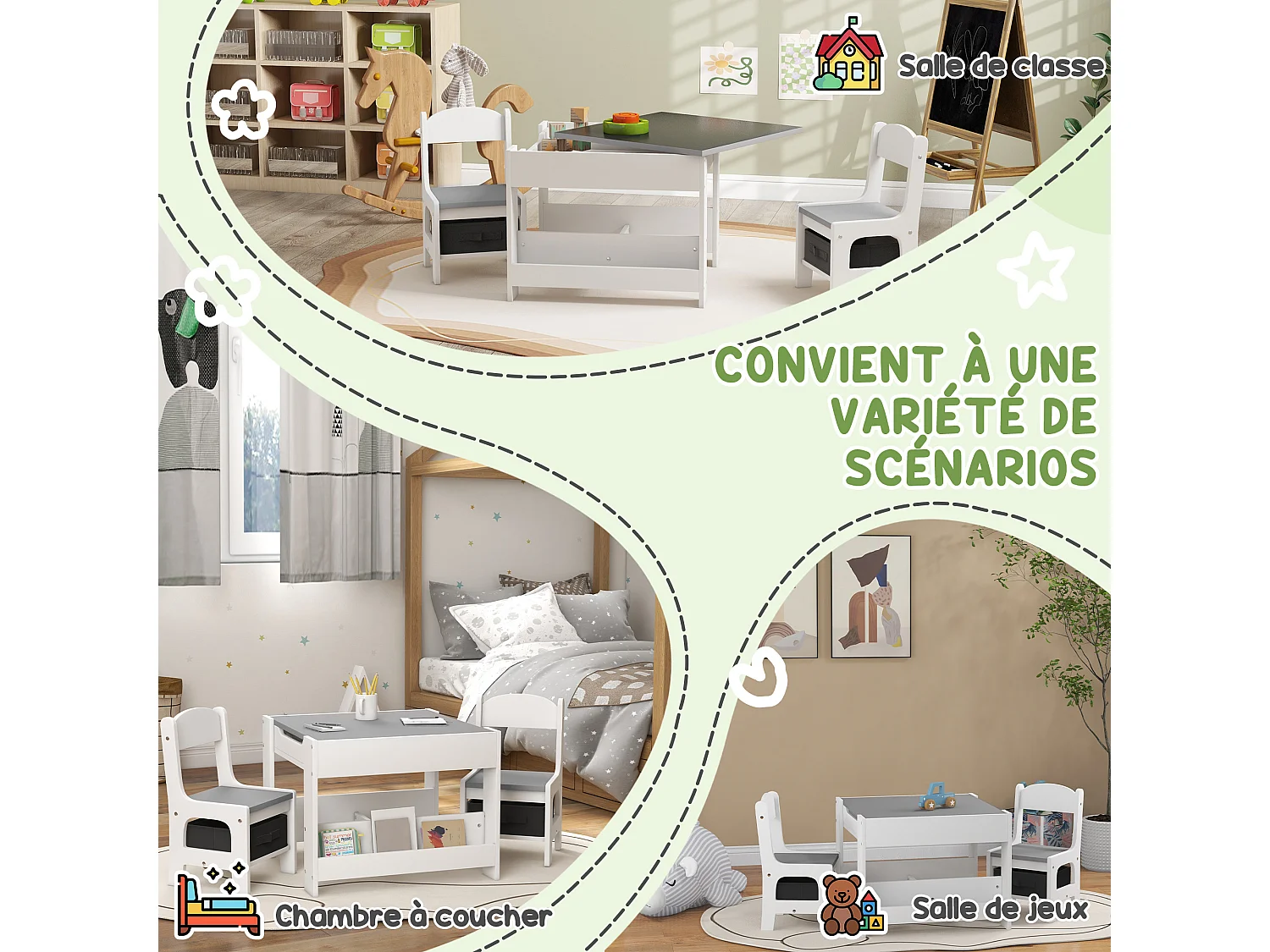 Ensemble table et chaises enfant - 3 pcs - plateau table réversible tableau noir - rangements - étagère - blanc gris