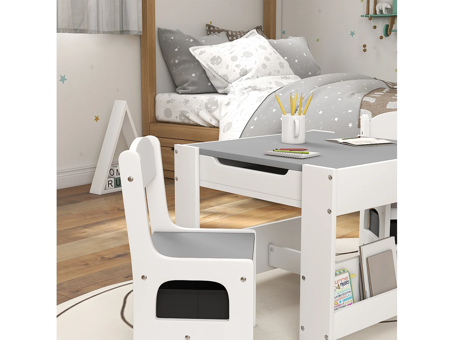 Ensemble table et chaises enfant - 3 pcs - plateau table réversible tableau noir - rangements - étagère - blanc gris